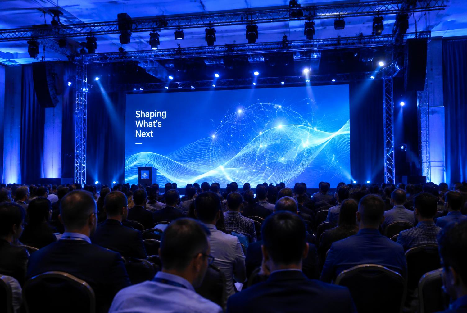 Escenario iluminado en azul durante una convención
